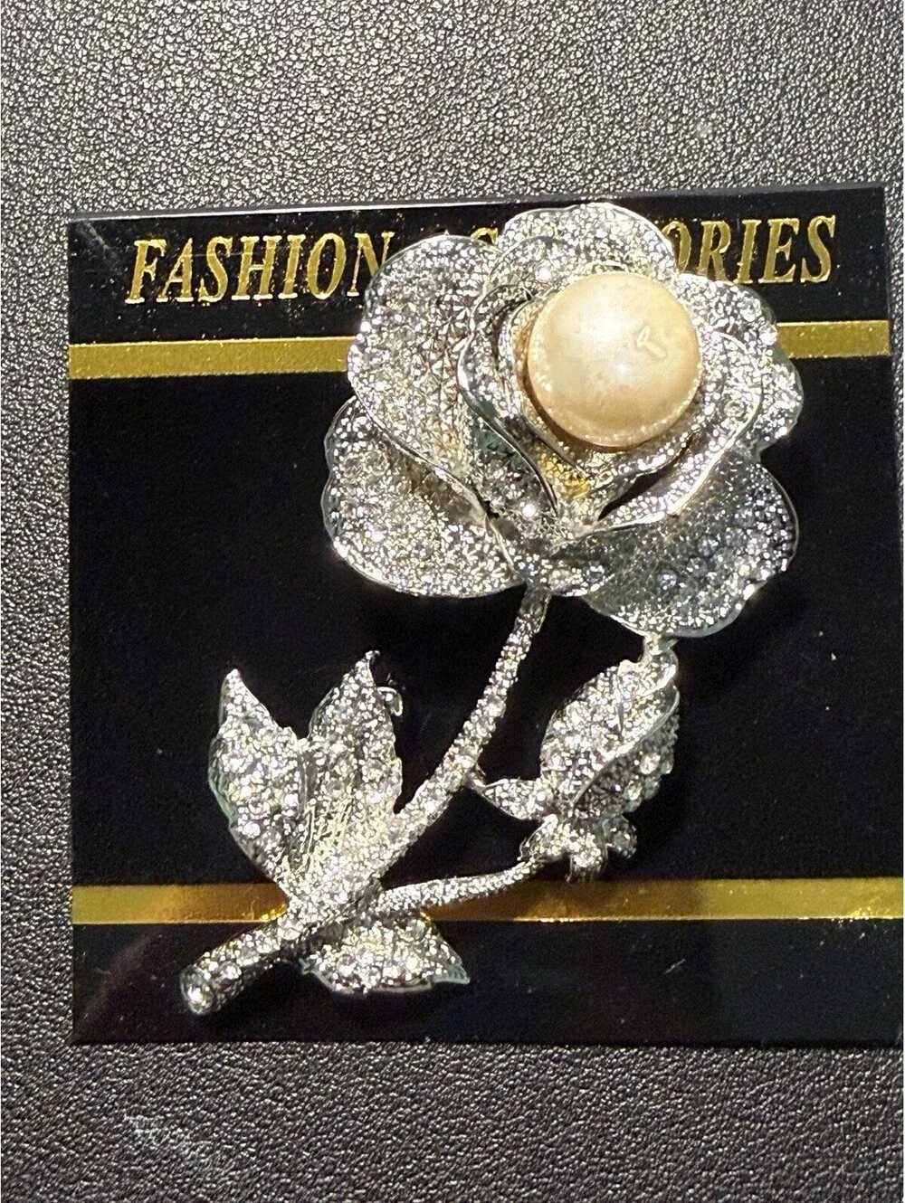 NEW Vintage 2000s Rose Brooch Crystal Faux Pearl Silver Tone, 2x3”